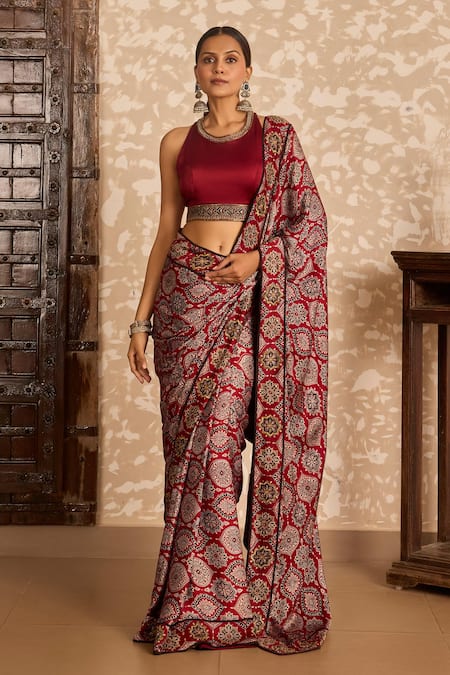 Akashi Clothing Ajrakh Print Saree With Embroidered Blouse 