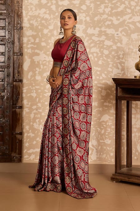 Buy_Akashi Clothing_Red Modal, Satin Embroidery Round Neck Ajrakh Print Saree With Blouse _Online_at_Aza_Fashions