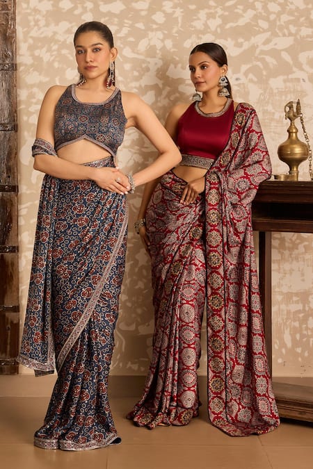 Shop_Akashi Clothing_Red Modal, Satin Embroidery Round Neck Ajrakh Print Saree With Blouse _Online_at_Aza_Fashions
