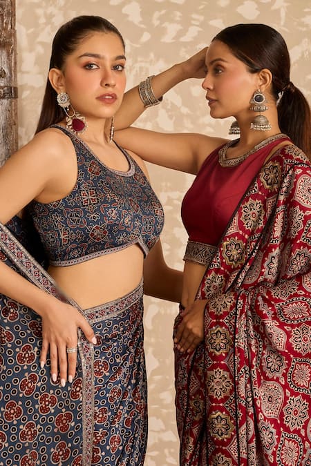 Akashi Clothing_Red Modal, Satin Embroidery Round Neck Ajrakh Print Saree With Blouse _at_Aza_Fashions
