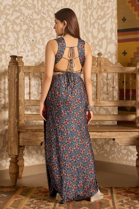 Akashi Clothing Ajrakh Print Top & Draped Skirt Set 