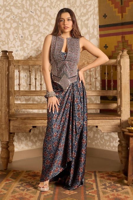 Akashi Clothing Ajrakh Print Top & Draped Skirt Set 