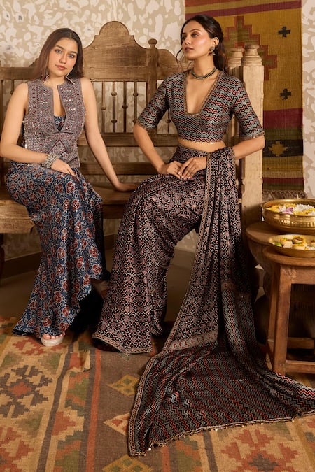 Akashi Clothing_Blue Modal, Satin Embroidery, Tassels Split Ajrakh Print Top And Draped Skirt Set _at_Aza_Fashions