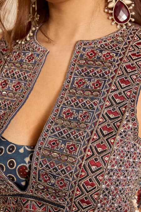 Buy_Akashi Clothing_Blue Modal, Satin Embroidery, Tassels Split Ajrakh Print Top And Draped Skirt Set 