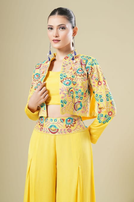 Samyukta Singhania Yellow Georgette Embroidery, Mirrors Collared, Bandeau Neck Jacket Palazzo Set Online at Aza Fashions Samyukta Singhania_Yellow Georgette Embroidery, Mirrors Collared, Bandeau Neck Jacket Palazzo Set _Online_at_Aza_Fashions