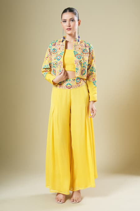 Shop Samyukta Singhania Yellow Georgette Embroidery, Mirrors Collared, Bandeau Neck Jacket Palazzo Set Online at Aza Fashions Shop_Samyukta Singhania_Yellow Georgette Embroidery, Mirrors Collared, Bandeau Neck Jacket Palazzo Set _Online_at_Aza_Fashions