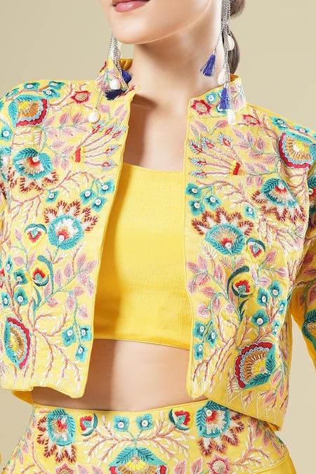 Samyukta Singhania Yellow Georgette Embroidery, Mirrors Collared, Bandeau Neck Jacket Palazzo Set at Aza Fashions Samyukta Singhania_Yellow Georgette Embroidery, Mirrors Collared, Bandeau Neck Jacket Palazzo Set _at_Aza_Fashions