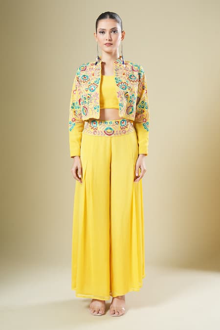 Buy Samyukta Singhania Yellow Georgette Embroidery, Mirrors Collared, Bandeau Neck Jacket Palazzo Set Buy_Samyukta Singhania_Yellow Georgette Embroidery, Mirrors Collared, Bandeau Neck Jacket Palazzo Set