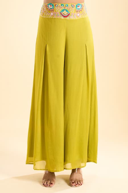 Shop_Samyukta Singhania_Green Georgette Embroidery, Beads, Sequins High Neck, Jacket Palazzo Set _Online_at_Aza_Fashions