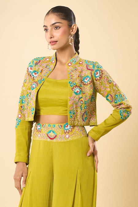 Samyukta Singhania_Green Georgette Embroidery, Beads, Sequins High Neck, Jacket Palazzo Set _at_Aza_Fashions