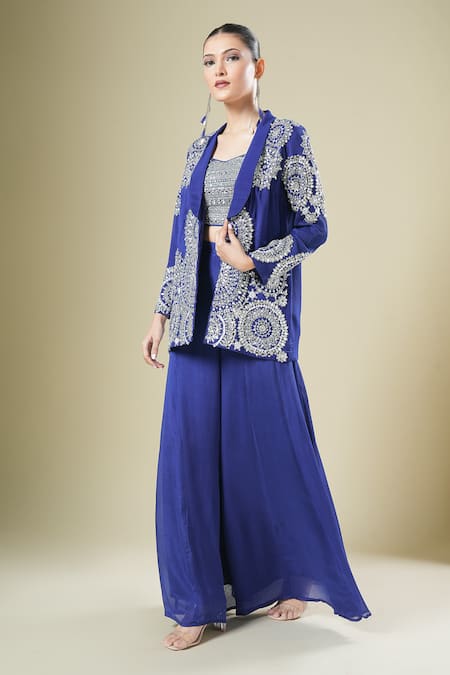 Shop_Samyukta Singhania_Blue Georgette Sequins, Beads, Embroidery Open Neck, Jacket Palazzo Set _Online_at_Aza_Fashions
