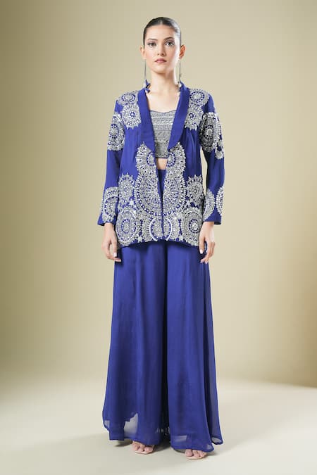 Samyukta Singhania_Blue Georgette Sequins, Beads, Embroidery Open Neck, Jacket Palazzo Set _at_Aza_Fashions