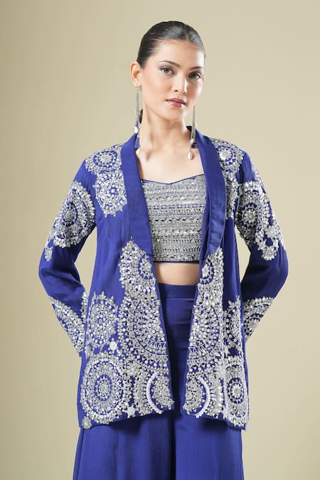 Buy_Samyukta Singhania_Blue Georgette Sequins, Beads, Embroidery Open Neck, Jacket Palazzo Set 