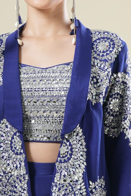 Shop_Samyukta Singhania_Blue Georgette Sequins, Beads, Embroidery Open Neck, Jacket Palazzo Set 