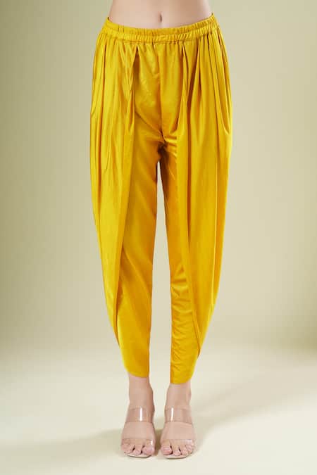 Samyukta Singhania_Yellow Georgette Embroidery, Zari Split Asymmetrical Kurta And Dhoti Pant Set _Online_at_Aza_Fashions