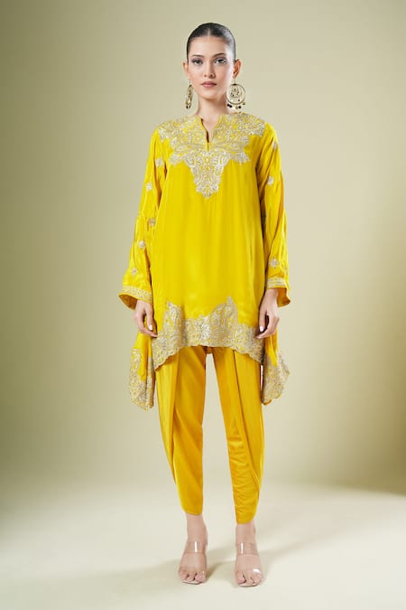 Buy_Samyukta Singhania_Yellow Georgette Embroidery, Zari Split Asymmetrical Kurta And Dhoti Pant Set _Online_at_Aza_Fashions