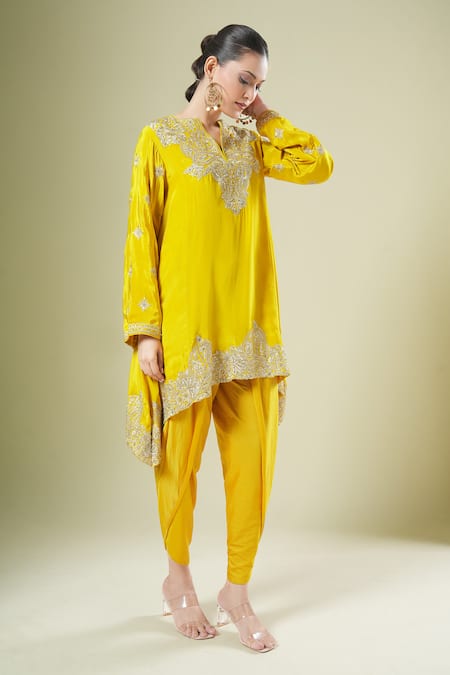 Shop_Samyukta Singhania_Yellow Georgette Embroidery, Zari Split Asymmetrical Kurta And Dhoti Pant Set _Online_at_Aza_Fashions