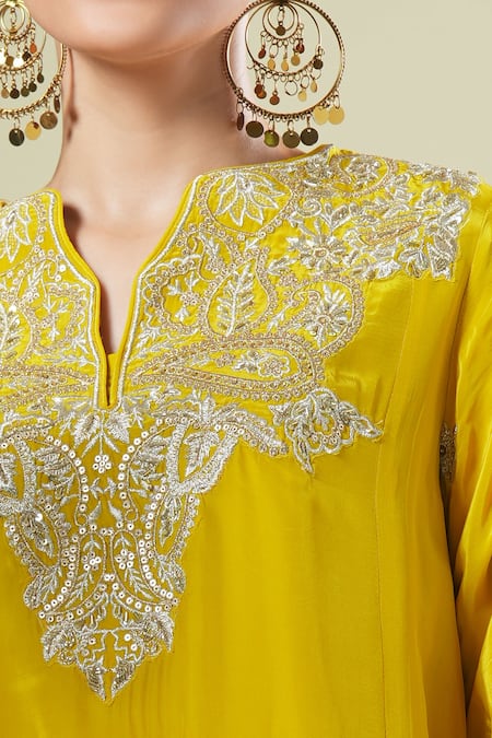 Buy_Samyukta Singhania_Yellow Georgette Embroidery, Zari Split Asymmetrical Kurta And Dhoti Pant Set 
