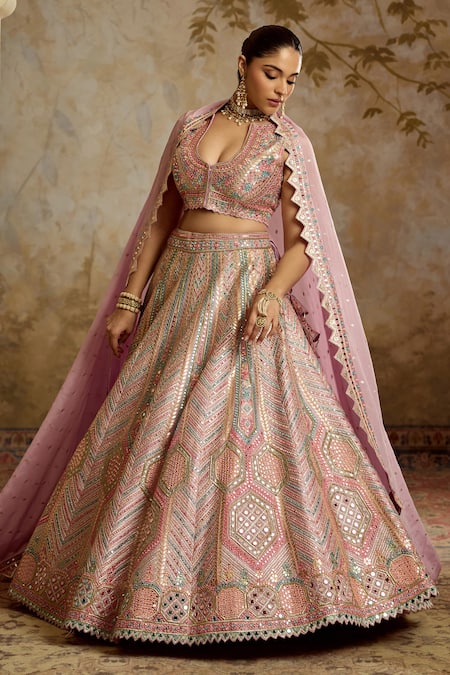 SUHINO Purple Silk Embroidered Lehenga Set