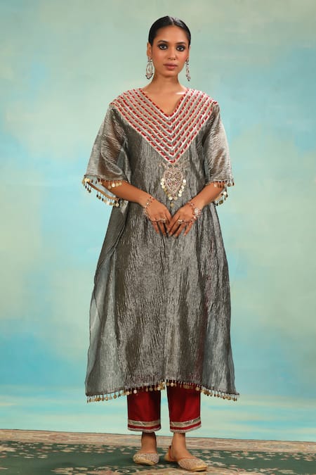 Swati Wadhwani Couture Crush Tissue Kaftan & Chanderi Contrast Pant Set 