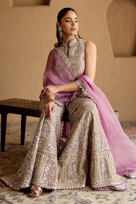 Shop_SUHINO_Lavender Tissue, Organza Embroidery, Mirrors, Zari, Lilac Kurta Gharara Set _Online_at_Aza_Fashions