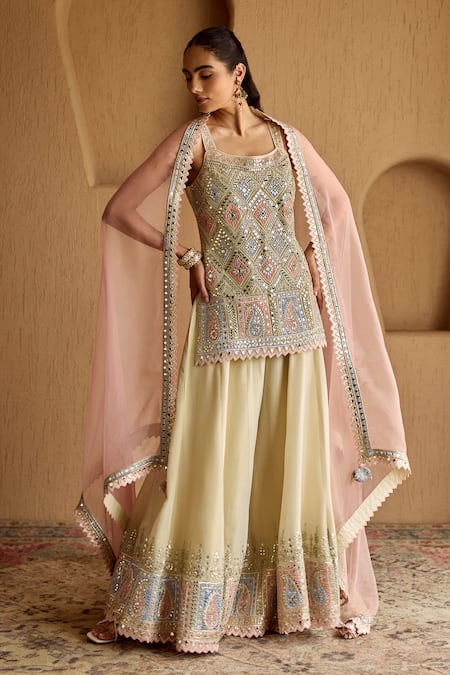 SUHINO Ivory Tissue Patch Kurta Sharara Set 