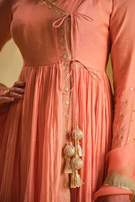Almaari By Pooja Patel_Green Silk, Chanderi, Tissue Gota Patti, Tassels Square Arya Anarkali Pant Set _at_Aza_Fashions
