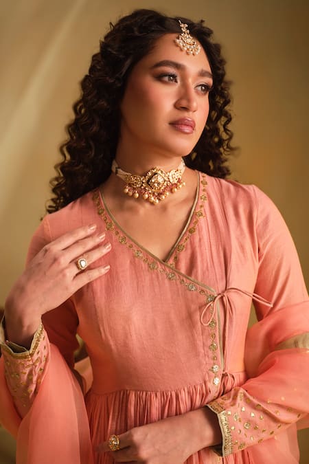 Buy_Almaari By Pooja Patel_Green Silk, Chanderi, Tissue Gota Patti, Tassels Square Arya Anarkali Pant Set 