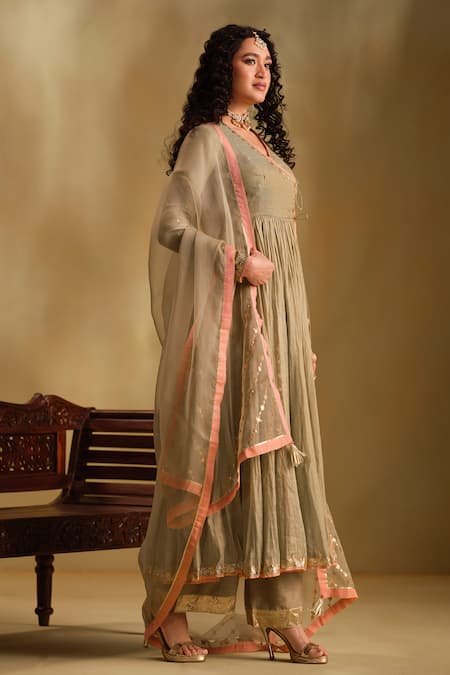 Buy_Almaari By Pooja Patel_Green Silk, Organza Gota Patti, Tassels, Piping, Foil Sarvya Angarkha Set 