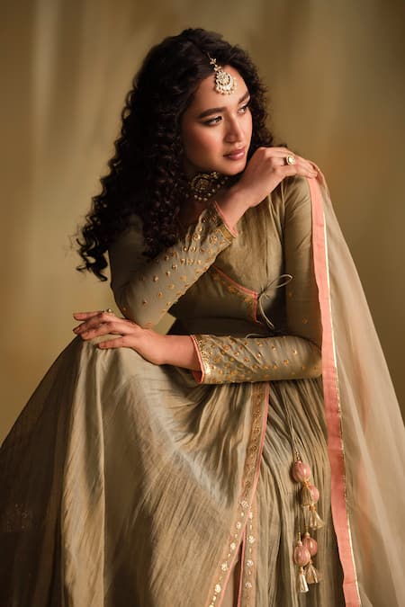 Buy_Almaari By Pooja Patel_Green Silk, Organza Gota Patti, Tassels, Piping, Foil Sarvya Angarkha Set _Online_at_Aza_Fashions