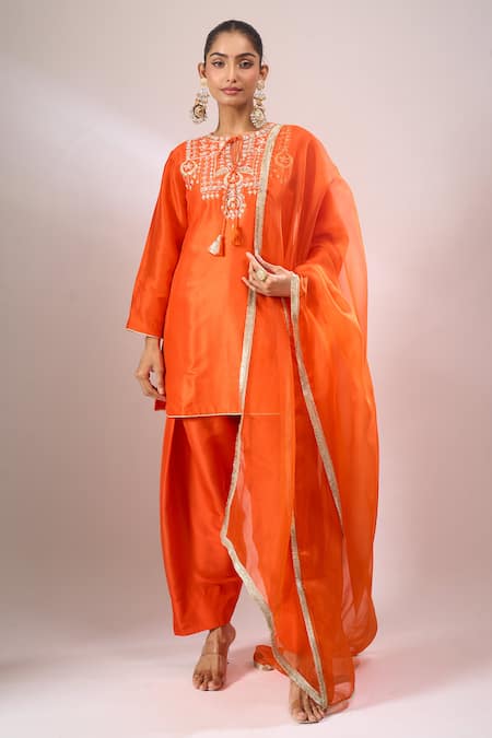 Archana Shah Orange Silk Zari Embroidered Kurta Set