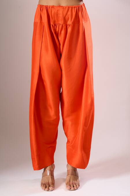 Shop_Archana Shah_Orange Silk Embroidery, Tassels, Piping, Zari Round Neck, Split Kurta Set _Online_at_Aza_Fashions