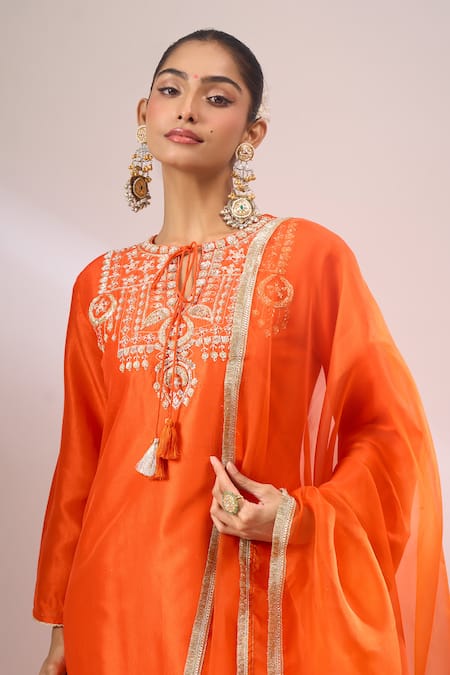 Archana Shah_Orange Silk Embroidery, Tassels, Piping, Zari Round Neck, Split Kurta Set _at_Aza_Fashions