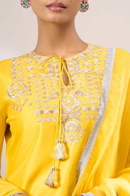 Shop_Archana Shah_Yellow Silk Embroidery, Zari, Tassels Round , Keyhole Kurta Set _Online_at_Aza_Fashions