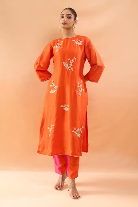 Archana Shah Orange Embroidered Kurta With Pant