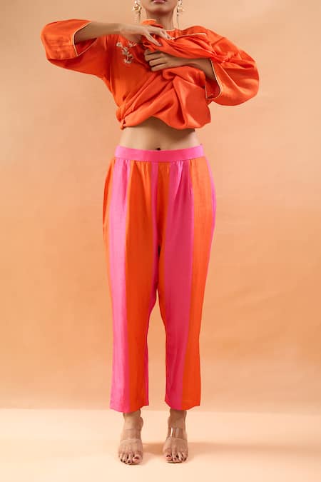 Buy_Archana Shah_Orange Embroidery Round Neck Kurta With Pant _Online_at_Aza_Fashions