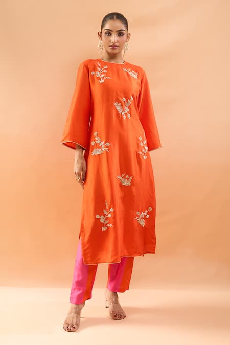 Shop_Archana Shah_Orange Embroidery Round Neck Kurta With Pant _Online_at_Aza_Fashions