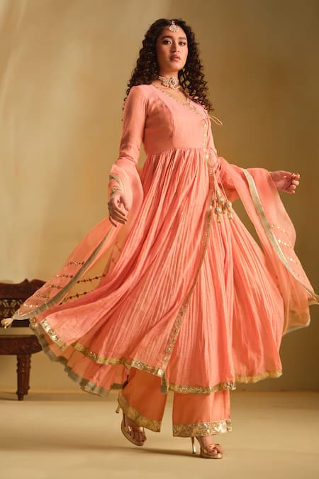 Buy_Almaari By Pooja Patel_Pink Silk, Organza Gota Patti, Embroidery, Metallic Thread Sarvya Angarkha Set 