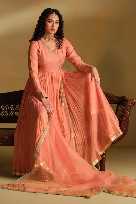 Shop_Almaari By Pooja Patel_Pink Silk, Organza Gota Patti, Embroidery, Metallic Thread Sarvya Angarkha Set 
