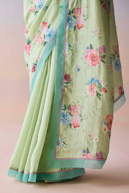 Buy Surmaye Mint Organza, Silk Sequins, Beads Kindred Petals Green Saree Buy_Surmaye_Mint Organza, Silk Sequins, Beads Kindred Petals Green Saree