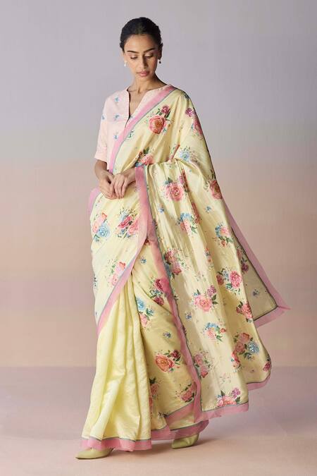 Buy_Surmaye_Yellow Organza, Silk Sequins, Beads Kindred Petals Saree _Online_at_Aza_Fashions