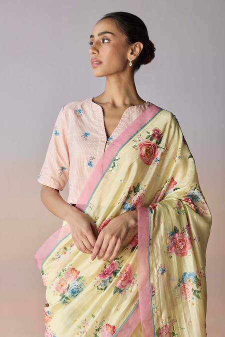 Surmaye_Yellow Organza, Silk Sequins, Beads Kindred Petals Saree _at_Aza_Fashions