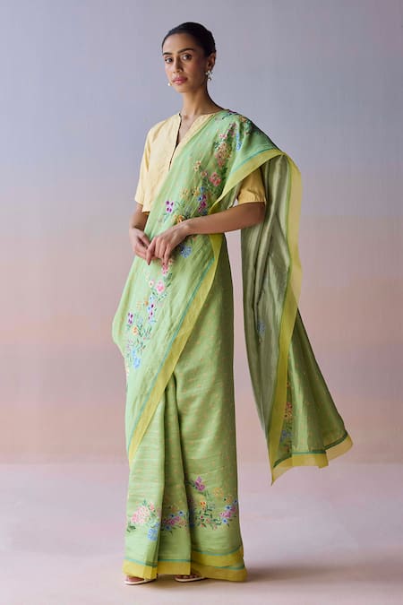 Shop_Surmaye_Green Organza, Silk Embroidery, Sequins, Beads Morning Whisper Saree _Online_at_Aza_Fashions