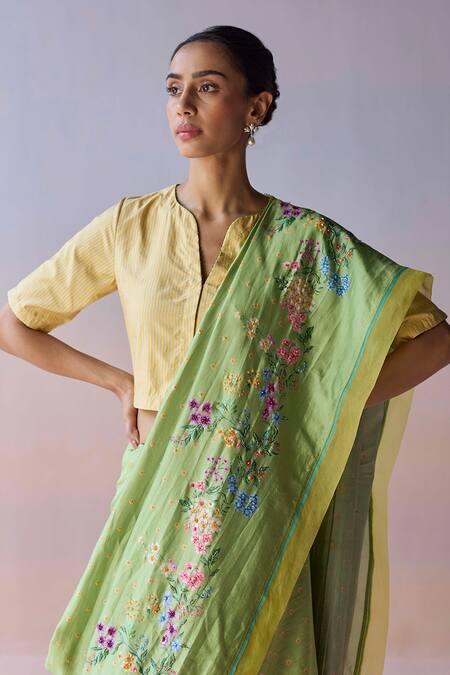 Surmaye_Green Organza, Silk Embroidery, Sequins, Beads Morning Whisper Saree _at_Aza_Fashions