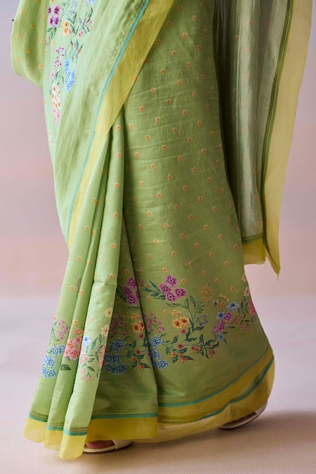 Shop_Surmaye_Green Organza, Silk Embroidery, Sequins, Beads Morning Whisper Saree 