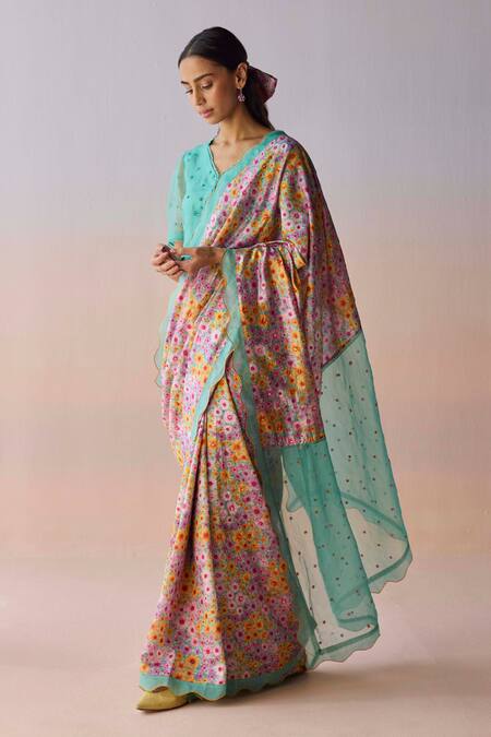 Buy_Surmaye_Multi Color Organza, Silk Sequins, Beads, Embroidery Wildflower Dawn Blue Saree _Online_at_Aza_Fashions