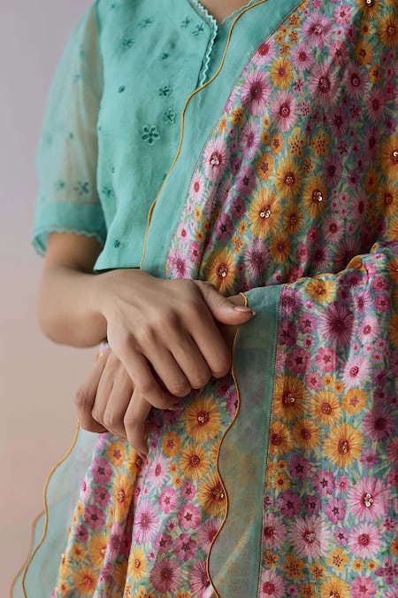 Shop_Surmaye_Multi Color Organza, Silk Sequins, Beads, Embroidery Wildflower Dawn Blue Saree _Online_at_Aza_Fashions