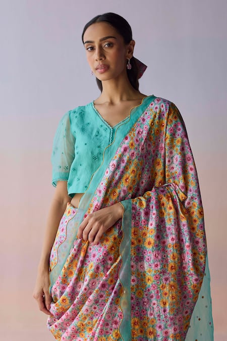Surmaye_Multi Color Organza, Silk Sequins, Beads, Embroidery Wildflower Dawn Blue Saree _at_Aza_Fashions
