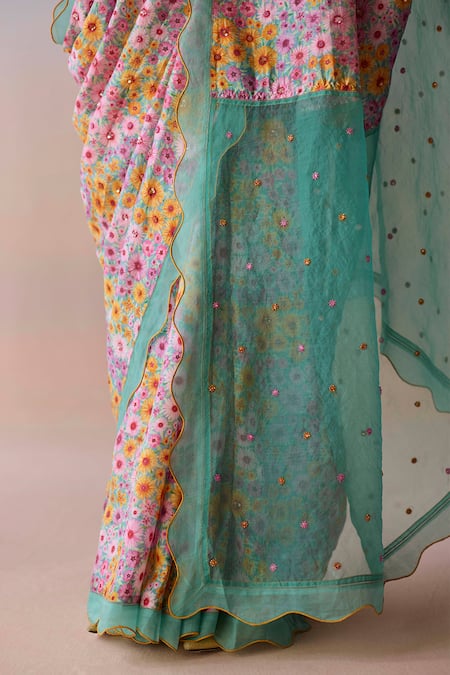Buy_Surmaye_Multi Color Organza, Silk Sequins, Beads, Embroidery Wildflower Dawn Blue Saree 