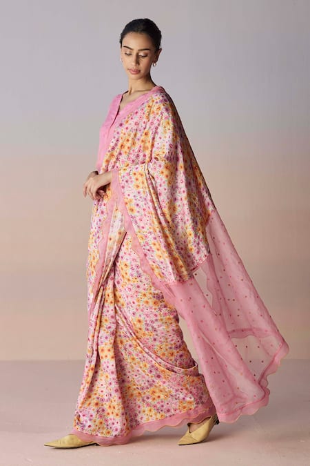 Buy_Surmaye_Pink Organza, Silk Sequins, Beads, Embroidery Wildflower Dawn Saree _Online_at_Aza_Fashions